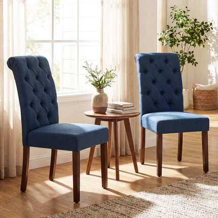 Dining Chairs Set of 2, Blue Upholstered, Wood Legs, 150kg