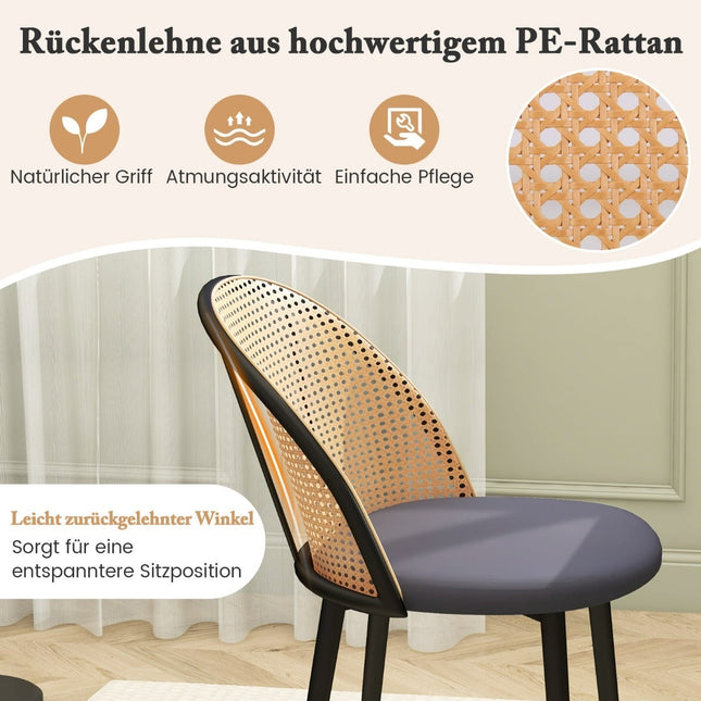Set van 2 eetkamerstoelen, rotan rugleuning, metalen poten, grijs