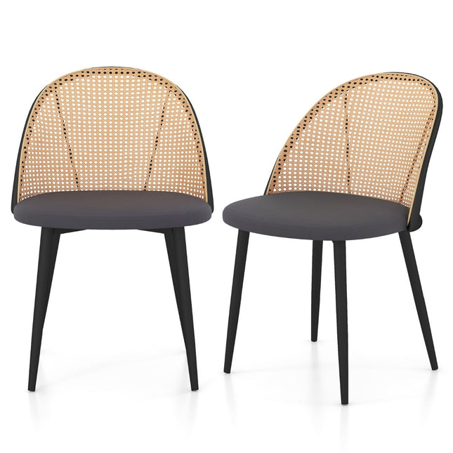 Set van 2 eetkamerstoelen, rotan rugleuning, metalen poten, grijs