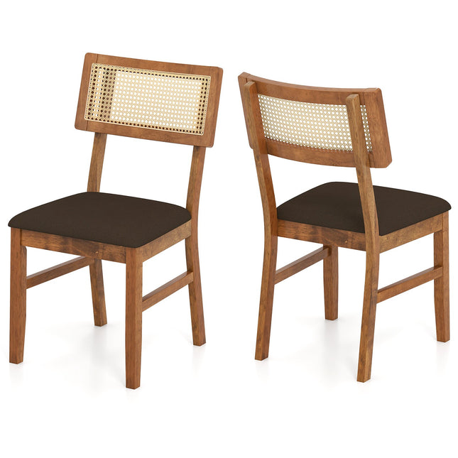 Set van 2 eetkamerstoelen, rotan rugleuning, fluwelen zitting, bruin