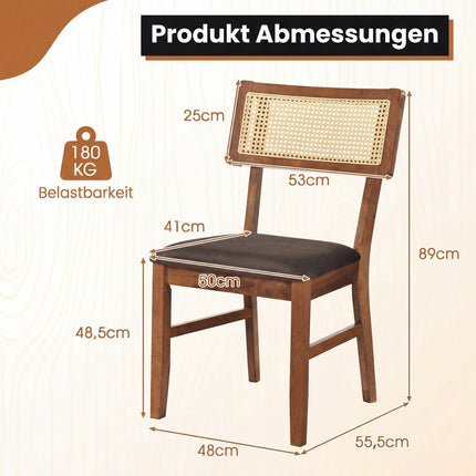 Dining Chairs Set of 2, Rattan Back, Velvet Seat, Brown