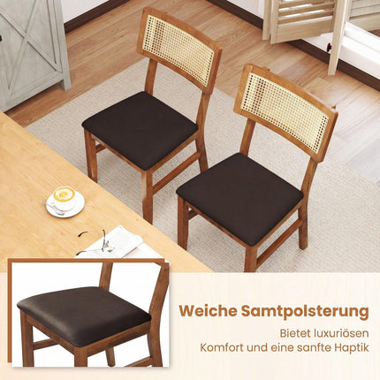 Dining Chairs Set of 2, Rattan Back, Velvet Seat, Brown