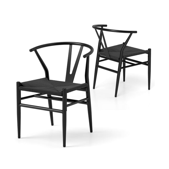 Set van 2 eetkamerstoelen, Y-vormige rugleuning, geweven rotan zitting, zwart