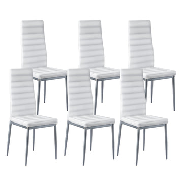 Dining Chairs Set of 6, White PVC Leather, Metal Legs