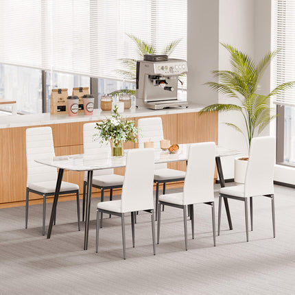 Dining Chairs Set of 6, White PVC Leather, Metal Legs