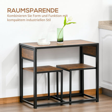 Dining room set: table with 2 metal chairs, natural finish