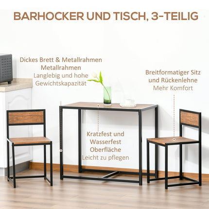 Dining room set: table with 2 metal chairs, natural finish