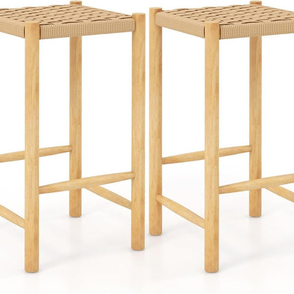 Dining Room Bar Stool Set Rubberwood Frame & Braided Paper Seat Rustic Bar Stool in Counter Height 65cm