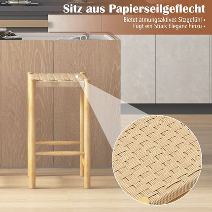 Dining Room Bar Stool Set Rubberwood Frame & Braided Paper Seat Rustic Bar Stool in Counter Height 65cm