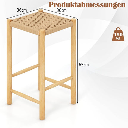 Dining Room Bar Stool Set Rubberwood Frame & Braided Paper Seat Rustic Bar Stool in Counter Height 65cm