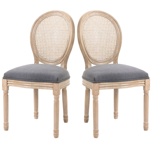 Eetkamerstoelen Set Van 2 Keukenstoelen Rotan Rugleuning Linnenlook Gestoffeerde Stoel Grijs