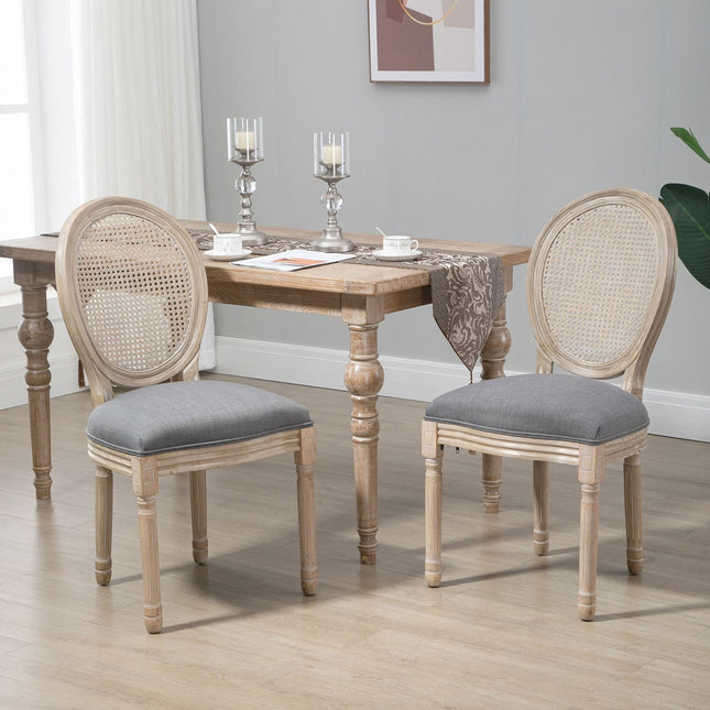 Eetkamerstoelen Set Van 2 Keukenstoelen Rotan Rugleuning Linnenlook Gestoffeerde Stoel Grijs