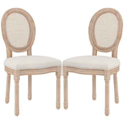 Dining room chairs, set of 2, linen & rattan, cream white