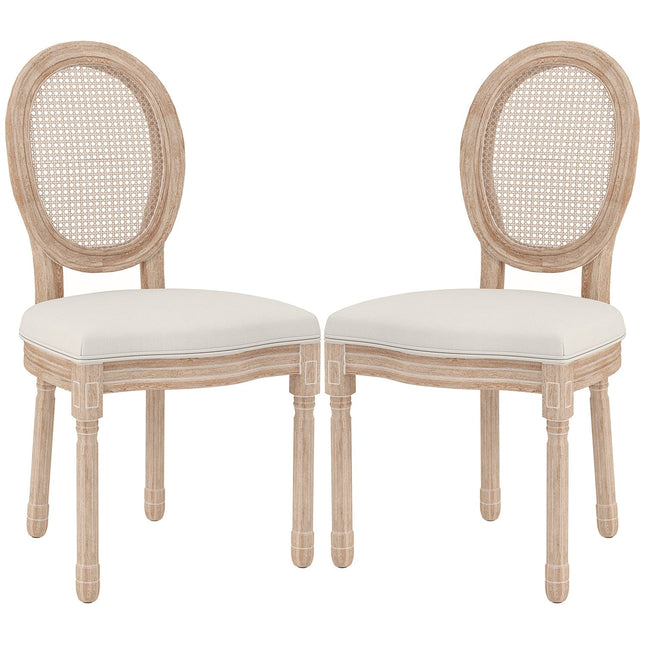 Dining room chairs, set of 2, linen & rattan, cream white