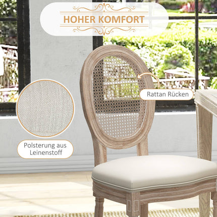 Dining room chairs, set of 2, linen & rattan, cream white