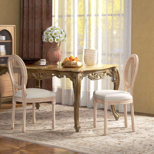 Dining room chairs, set of 2, linen & rattan, cream white