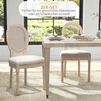 Dining room chairs, set of 2, linen & rattan, cream white