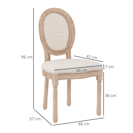 Dining room chairs, set of 2, linen & rattan, cream white