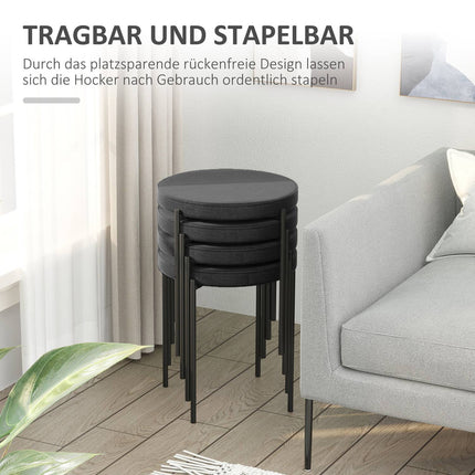 Set of 4 stackable bench stools in velvet, black, padded seat