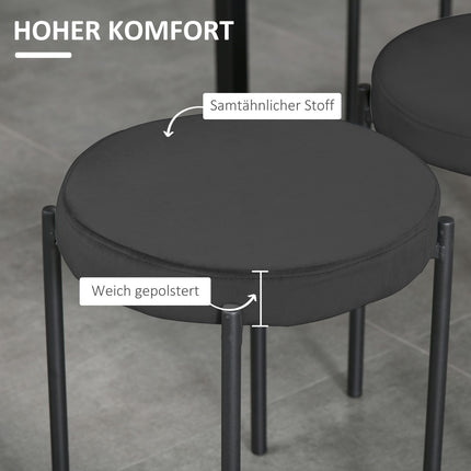 Set of 4 stackable bench stools in velvet, black, padded seat