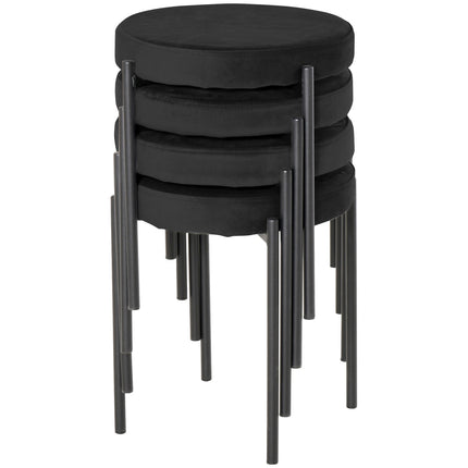 Set of 4 stackable bench stools in velvet, black, padded seat