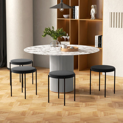 Set of 4 stackable bench stools in velvet, black, padded seat