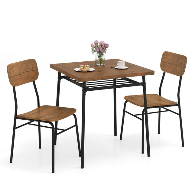 Dining Set with 2 Chairs & Storage Shelf, Rustic Brown