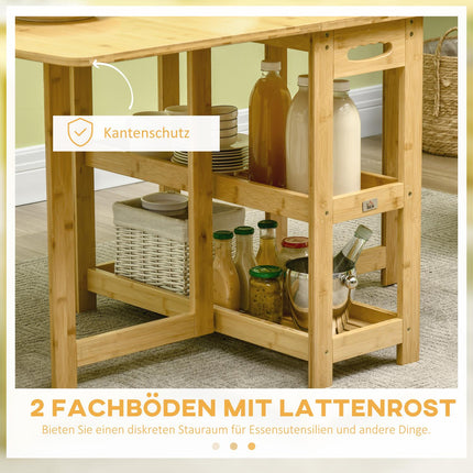 Folding dining table, bamboo, storage and adjustable feet