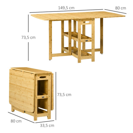 Folding dining table, bamboo, storage and adjustable feet