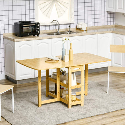 Folding dining table, bamboo, storage and adjustable feet