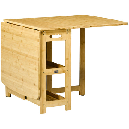 Folding dining table, bamboo, storage and adjustable feet