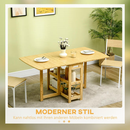 Folding dining table, bamboo, storage and adjustable feet