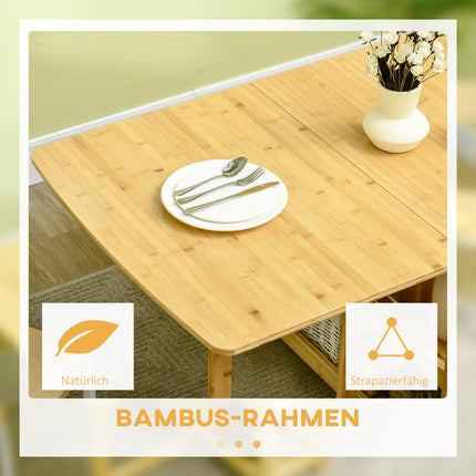 Folding dining table, bamboo, storage and adjustable feet
