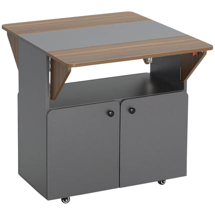 Folding dining table with wheels and storage, light grey/dark brown