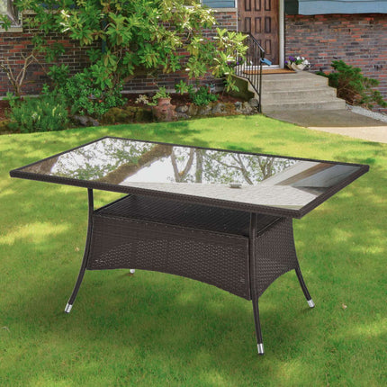 Outdoor dining table - Glass & Polyrattan, Brown & Black, 150x85cm