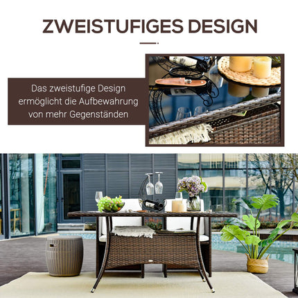 Outdoor dining table - Glass & Polyrattan, Brown & Black, 150x85cm