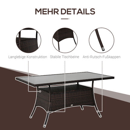 Outdoor dining table - Glass & Polyrattan, Brown & Black, 150x85cm