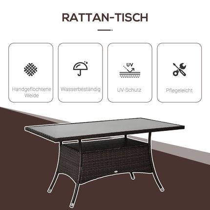 Outdoor dining table - Glass & Polyrattan, Brown & Black, 150x85cm
