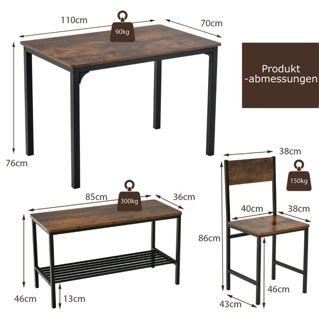 Dining Table Set for 4 – Table, 2 Chairs, Bench, Shelf