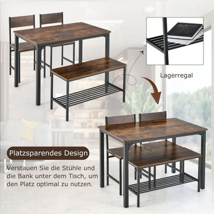 Dining Table Set for 4 – Table, 2 Chairs, Bench, Shelf