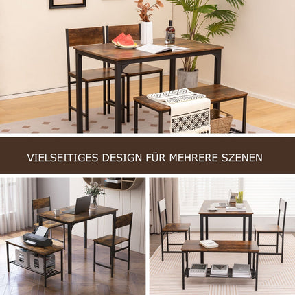 Dining Table Set for 4 – Table, 2 Chairs, Bench, Shelf