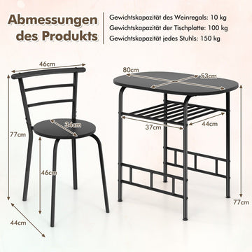 Dining Table Set with 2 Chairs, Space-Saving, Black