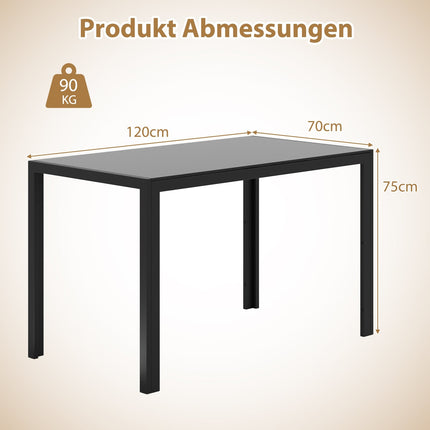 Dining Table for 4, Glass Top, Black Metal Frame, 120x70x75 cm