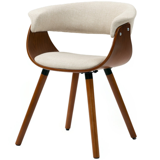 Eetkamerstoel, linnenlook stof, gebogen rugleuning, houten poten, beige