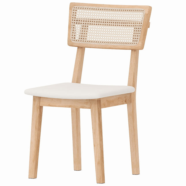 Eetkamerstoel, rugleuning van rotan, zitting van imitatieleer, rubberhout, natuurlijk hout