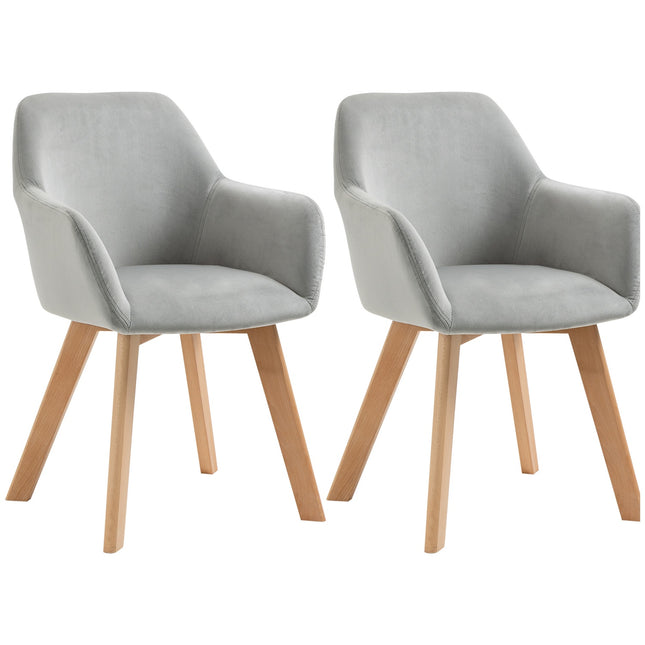 Set of 2 dining chairs in gray velvet with armrests