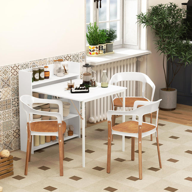 Folding dining table with shelves, Anti-tip, White