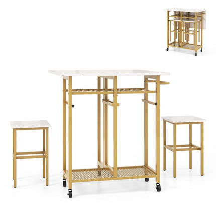 Dining table set 3 pieces extendable kitchen table on wheels with 2 chairs white & gold