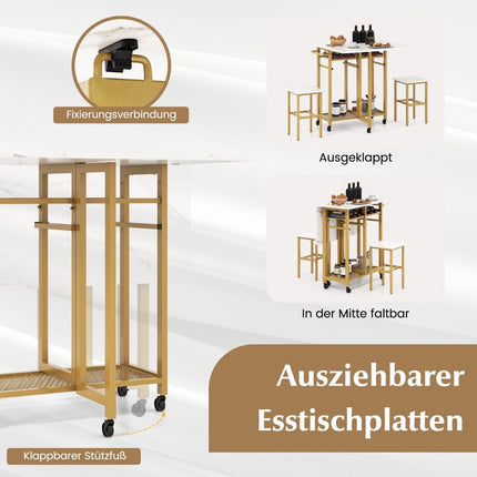 Dining table set 3 pieces extendable kitchen table on wheels with 2 chairs white & gold