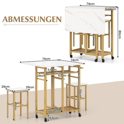 Dining table set 3 pieces extendable kitchen table on wheels with 2 chairs white & gold